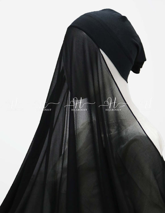 Instant Georgette Hijab With Attached Cap - Black