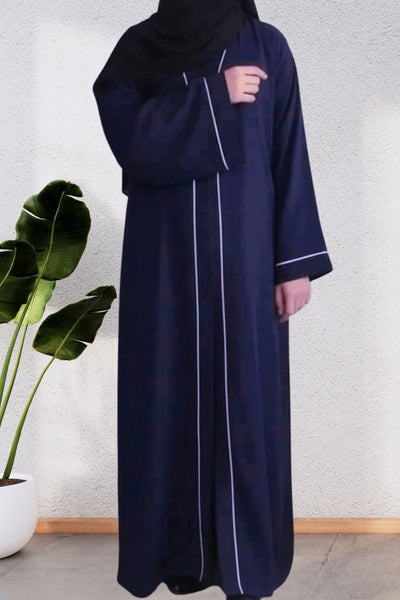 Blue front open abaya made from soft peach nida fabric with white piping on sleeves and front